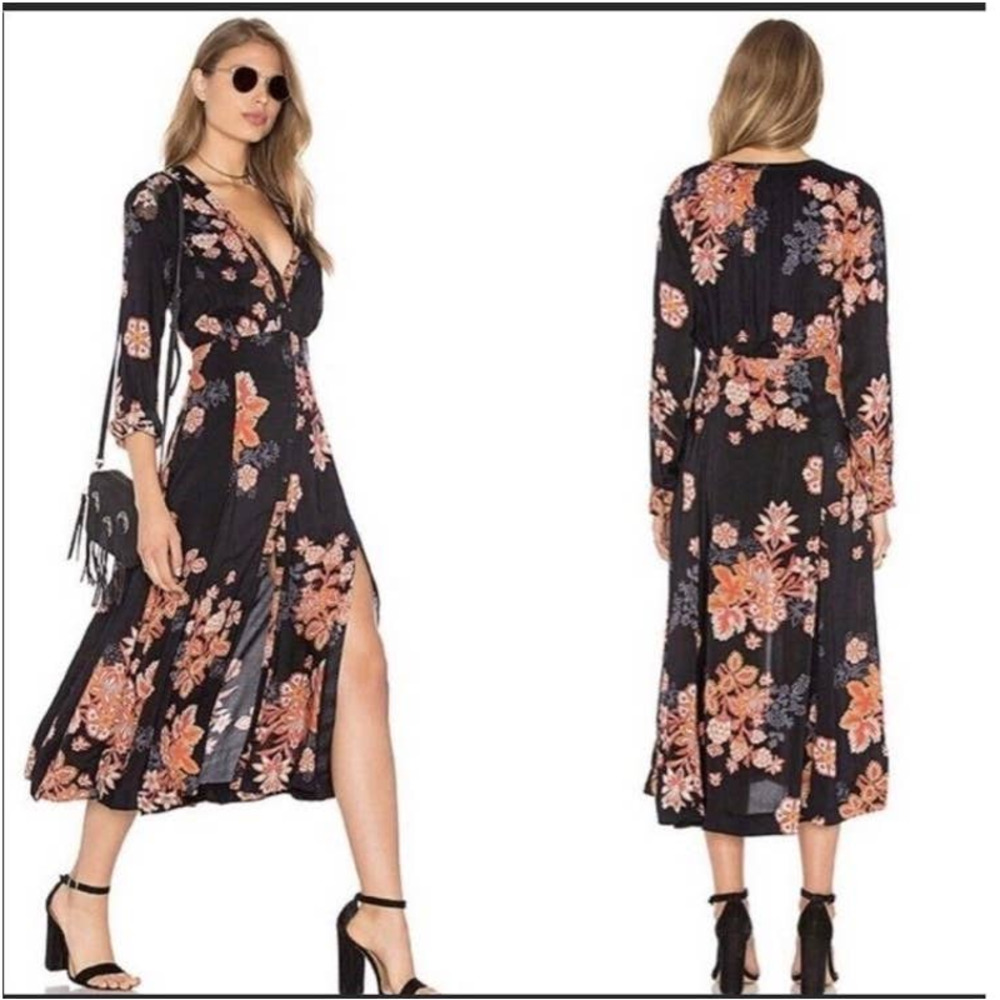 Free People Black and Orange Floral Midi Dress